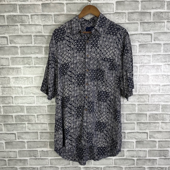 Enro Navy Blue Hawaiian Tribal Print Button up Camp Shirt Mens Medium 100% Rayon - Picture 1 of 6